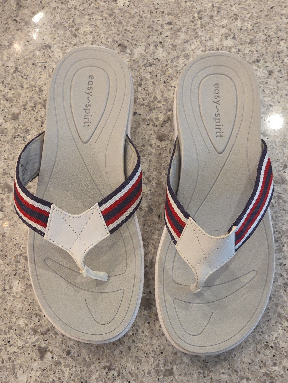 Easy Spirit White Flip Flops with Red & Navy Striped Straps Never Worn